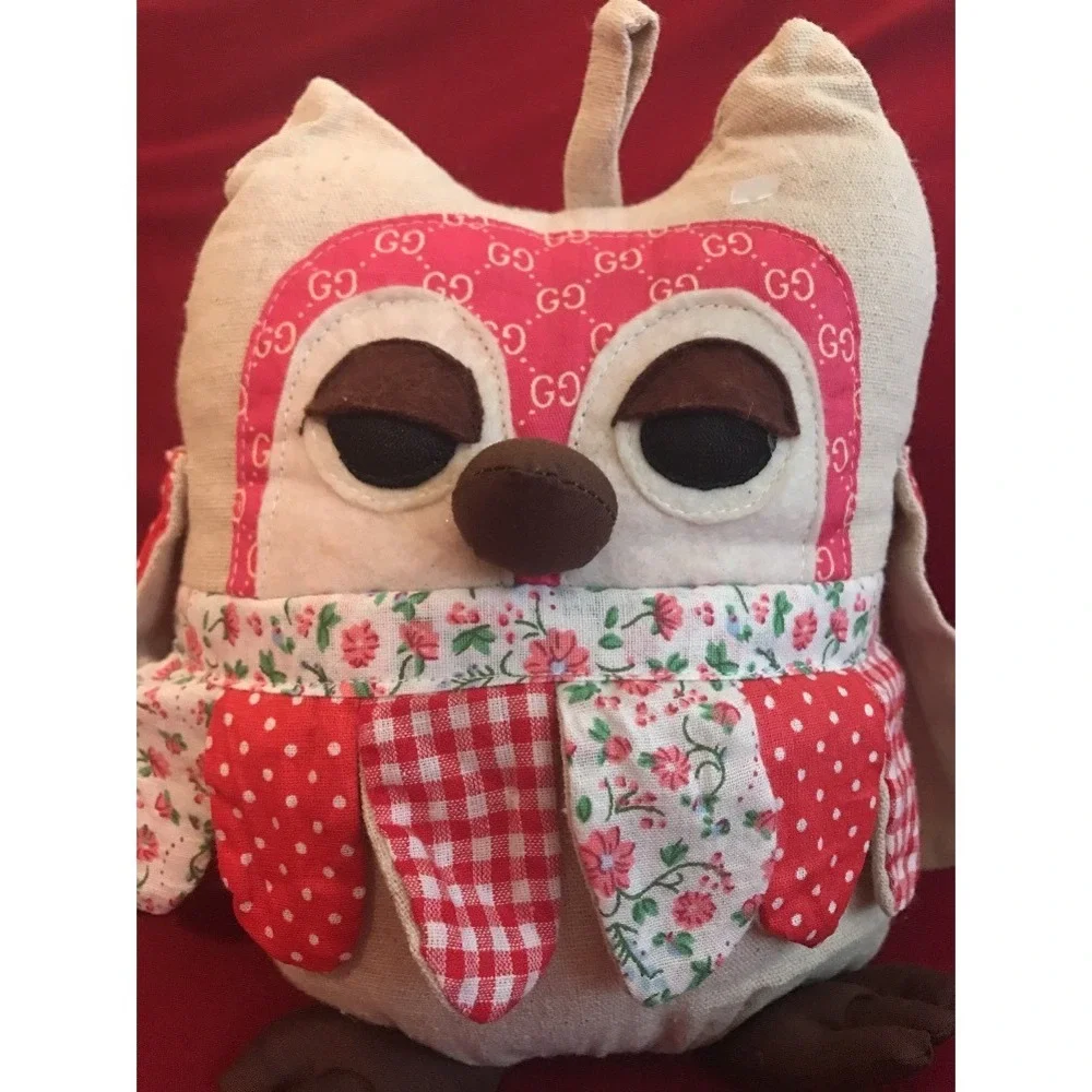 Handmade Owl Doorstop Plush Red Gingham Polka Dot Floral GG Print Decorative